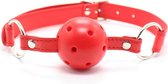 Mondknevelbal voor SM en bondage. Verstelbare PU lederen band en siliconen bal. Rood.