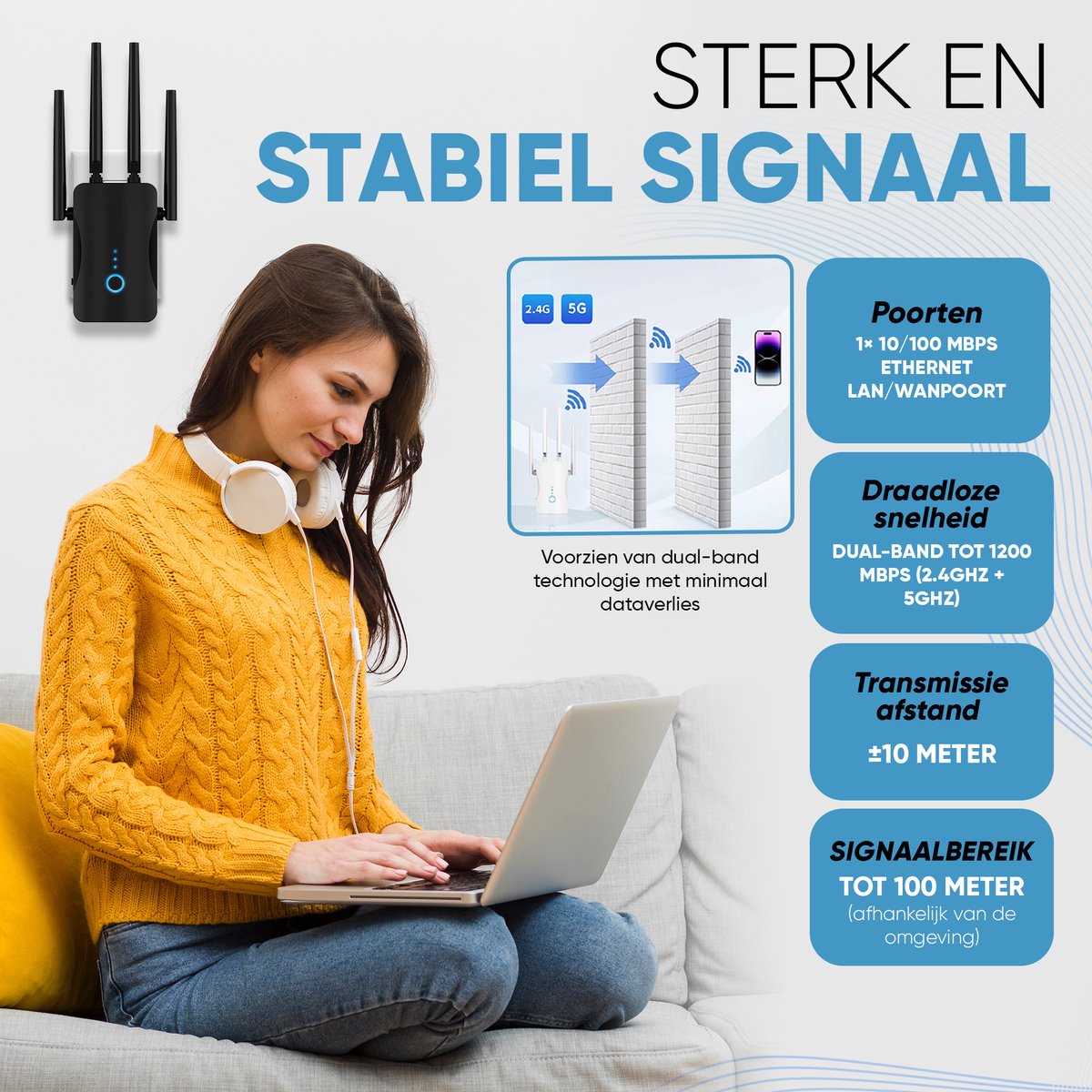 Muring WiFi Versterker Dual Band 1200 Mbps - Zwart thumbnail 6