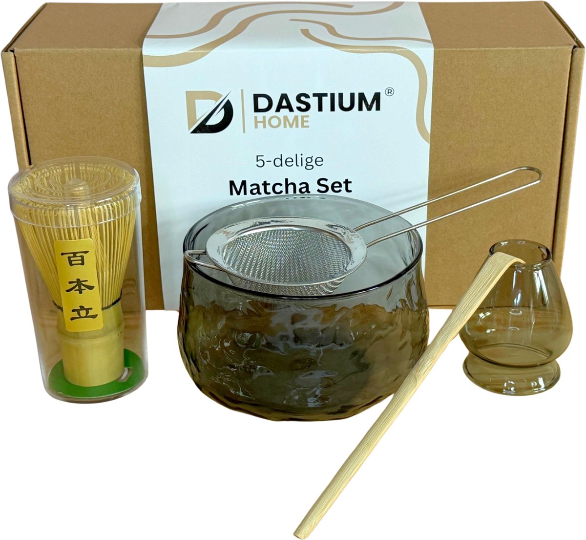 Dastium Home Matcha Set - 5 delige Matcha Starterset - Matcha Klopper - Matcha Kom - Matcha Zeef - Matcha Thee Set - Transparant Donker