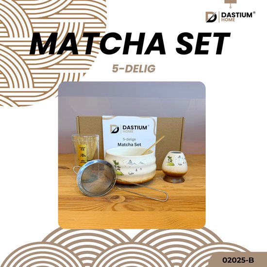 5-delige matcha set van Dastium Home, inclusief matcha kom, klopper, zeef, lepel en houder.