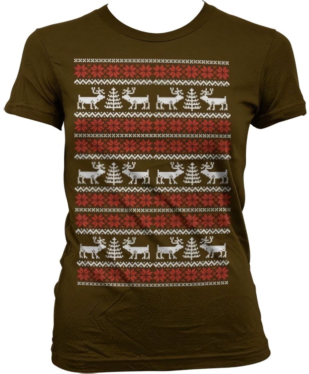 Dames Fun Tshirt -2XL- Christmas Knit Pattern Bruin