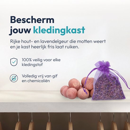 Bescherm je kledingkast met cederhout en lavendel. Veilig voor kleding, vrij van gif en chemicaliën.