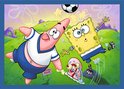 SpongeBob en Patrick spelen voetbal met Gary, op het veld 'Jellyfish Fields'.