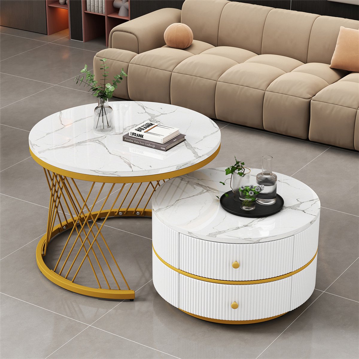 YEHTOKHOME Ronde Salontafel Set van 2 - Koffietafel - Wit hoogglans marmer look - 2 lades - Grote tafel Ø60x46cm, Kleine tafel Ø50x31cm - Goud
