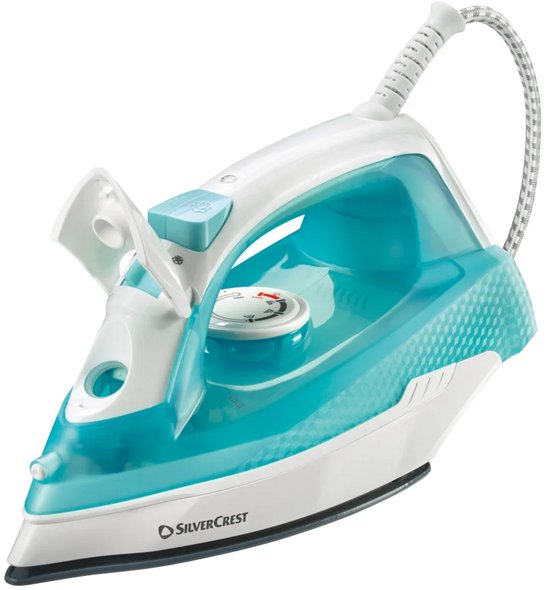 SILVERCREST® Strijkijzer 2180 W - Stoomstoot: tot 20 g/min. - Waterreservoir: 300 ml - Zelfreinigingsfunctie tegen kalkaanslag - 360° draaibaar snoer - Oververhittingsbeveiliging - Automatische uitschakeling - Inclusief maatbeker - Wit/turquoise