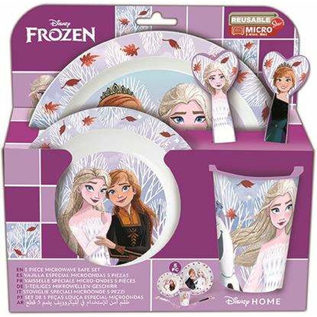 Disney's Frozen Kinderservies - 5-delig - Herbruikbaar - Inclusief bord, kom, bestek en beker - Vaatwasser- en microgolfbestendig & BPA-vrij - Wit/Violet