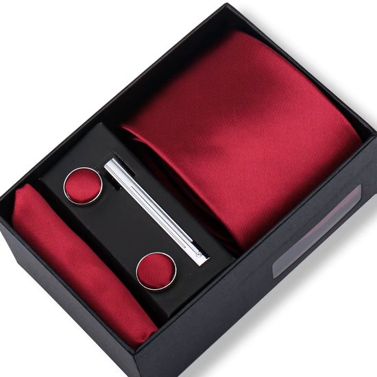 Set Complet Cravate + Pochette + Boutons De Manchettes Rouge - 100% Polyester, Qualité Supérieure