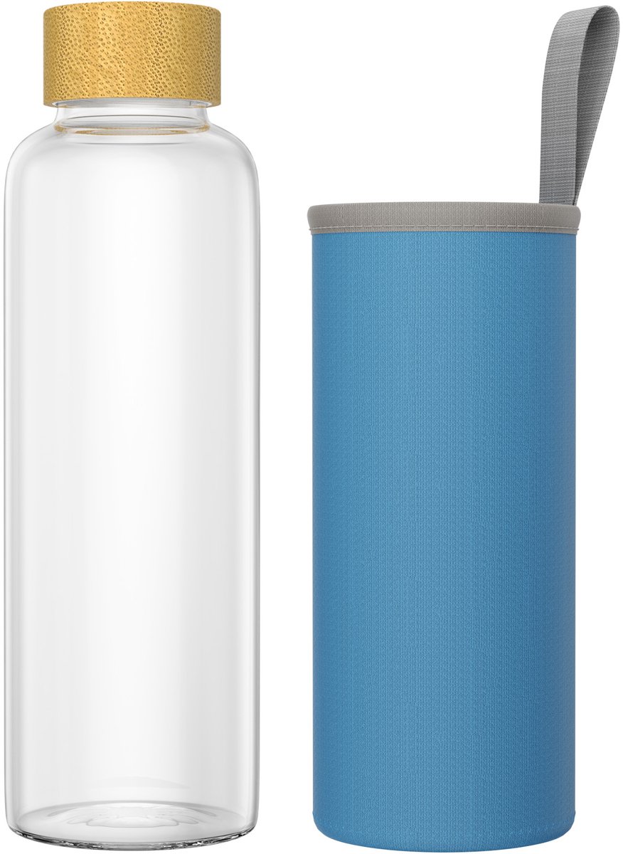 NAIZY Glazen Fles met houten deksel 550ml drinkfles van glas met beschermhoes glazen drinkfles luchtdicht lekvrij waterfles glas voor warme en koude dranken 1 stuk, Blauw