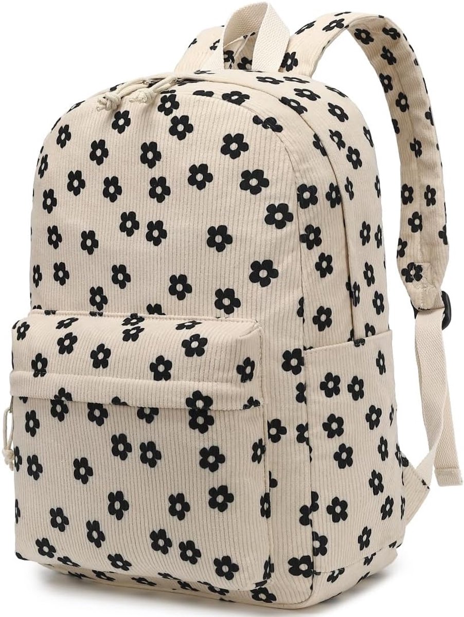 Schoolrugzak voor meisjes en jongens - tieners - lichte rugzak voor school - waterafstotend - dagrugzak - boekentas - college work - Zwart bloemenkern fluweel - L