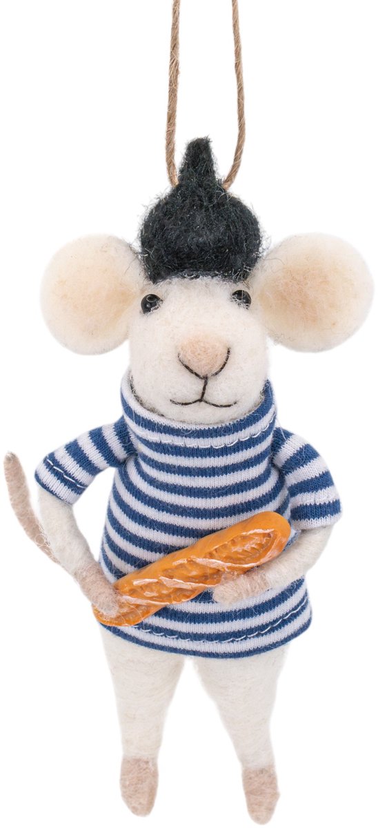 Sass & Belle Franse muis met baguette vilten kersthanger - Sass & Belle blauw