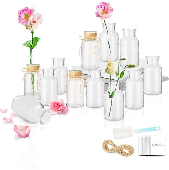 iulrtba 12 stuks kleine glazen vazen ​​voor tafeldecoratie, 12,8 cm hoog 250 ml kleine vazenset voor bruiloften, mini vazen ​​glazen flessen met sponsborstel, 5 m jute touw & 12 etikettenpapier voor thuis, bruiloften