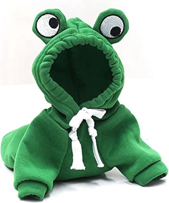 Groene kikkerhoodie voor honden met grote ogen op de capuchon en witte veterstrik