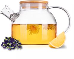 GREENKY® Glazen theepot met filter en bamboe deksel- Theekan - Duurzaam - Filter - Theehouder - Theeglas - Fruitkan - Schenkkan - Sinterklaas en Kerst cadeau - Teapot - 1Liter - 1000ml