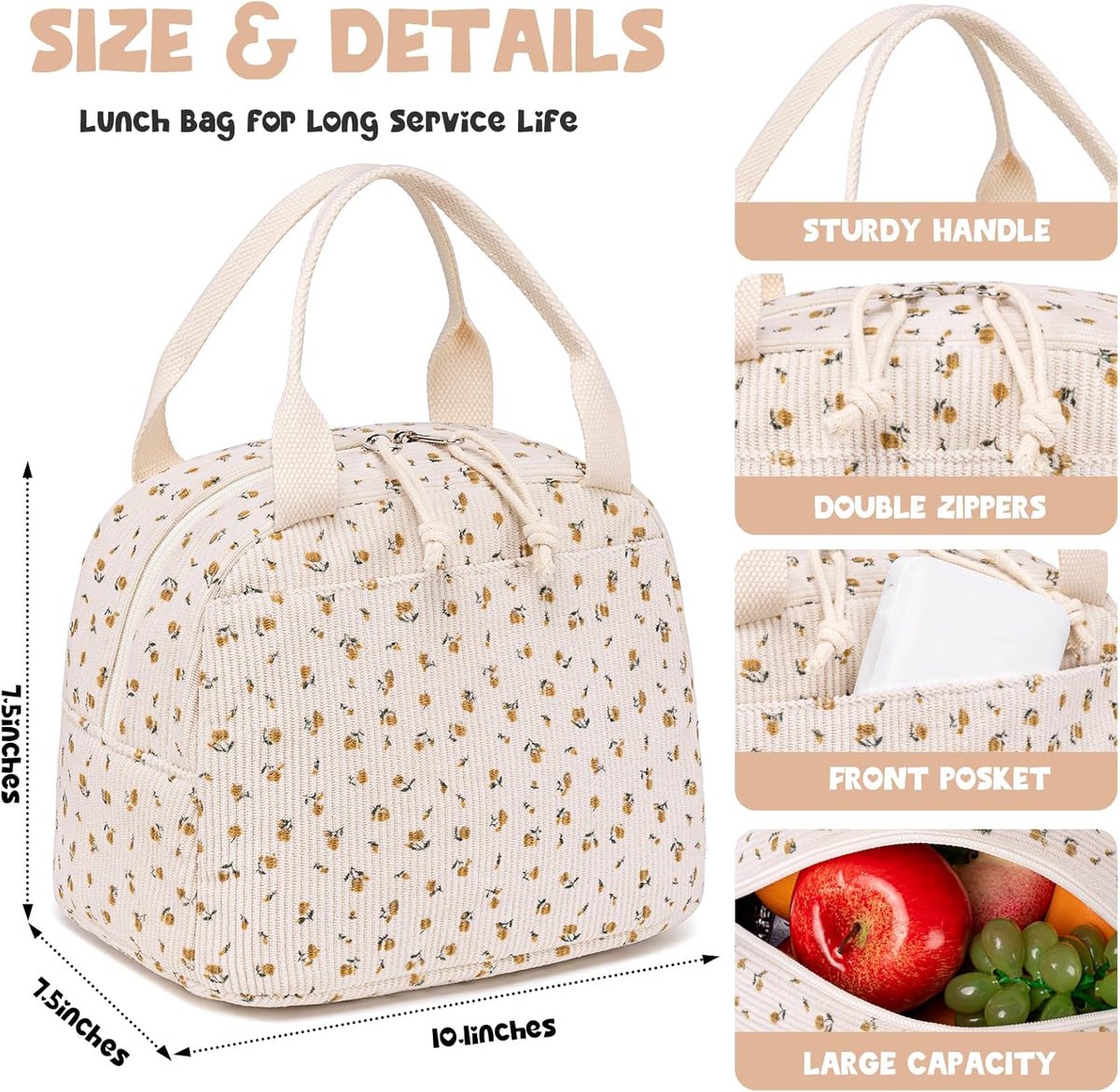 Lunchtas - Geïsoleerde lunchbox - Leuke corduroy lunchtas - Draagbare lunchtas - Bedrukte lunch - Geschikt voor mannen en vrouwen - Herbruikbaar - Grote capaciteit - 9L - Geweldig voor werk, picknicks of reizen - 10 x 7,5 x 7,5 inch - Gele chrysant — cadeau in Cadeau-ideeën - foto 5