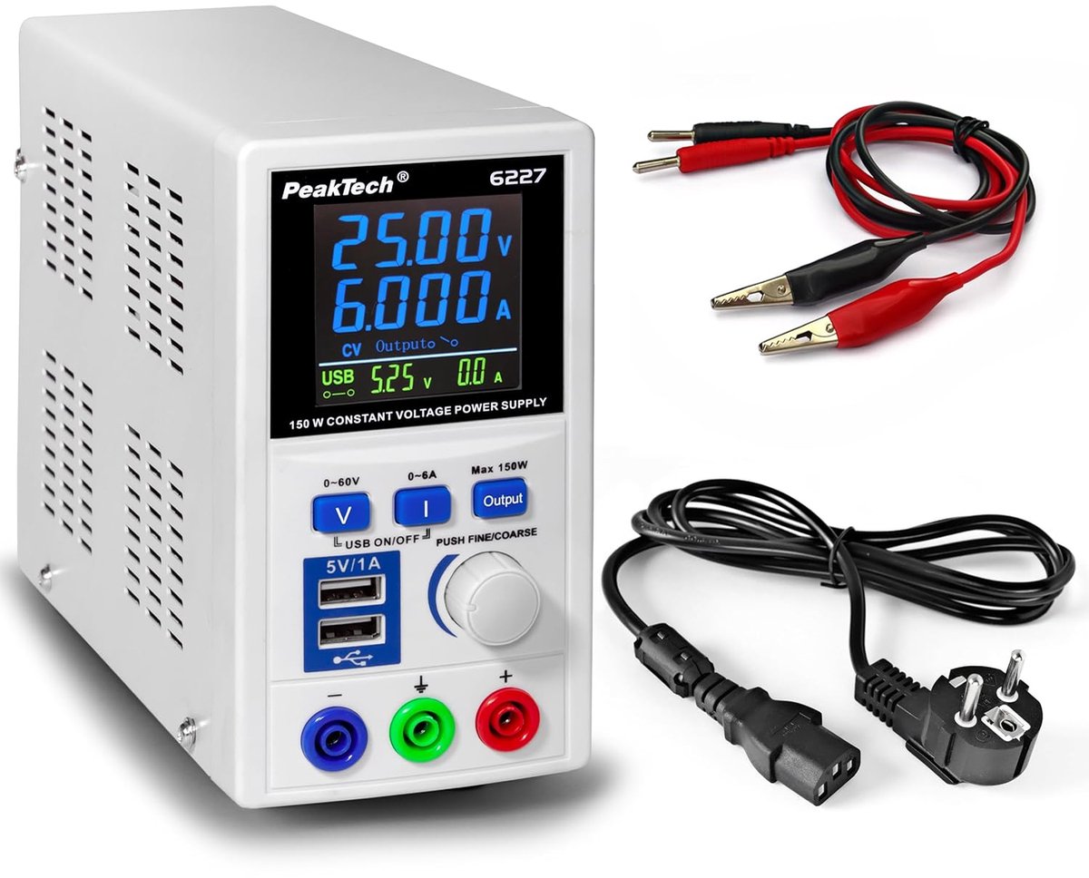 DC Laboratoriumvoeding 0-60 V / 0-6 A met LCD-scherm en USB-poorten