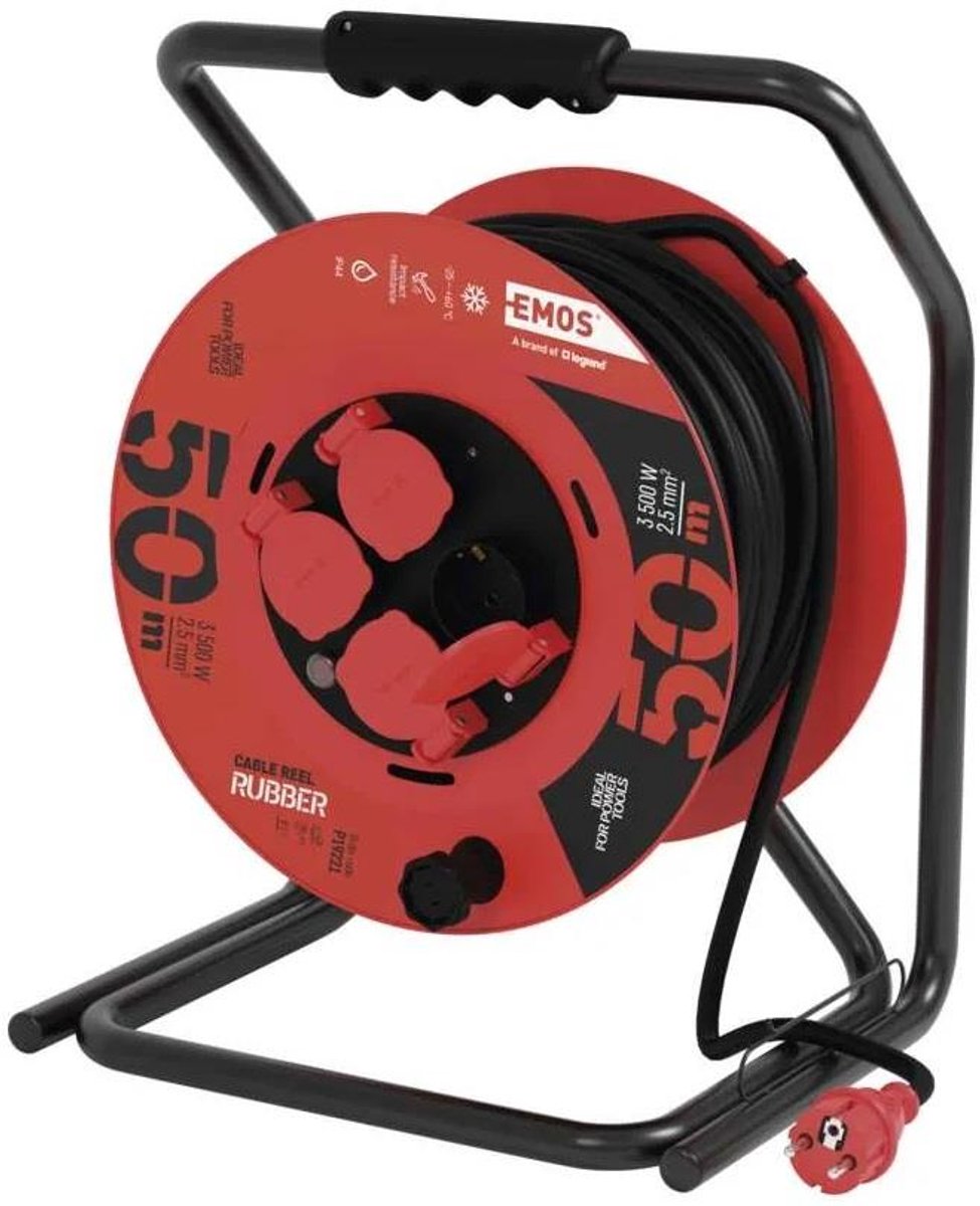 Kabelhaspel Emos H05 IP44 3x2,5qmm - 50 meter - 4 stopcontacten - Olie & Weersbestendig - Slijtvast - Rubber