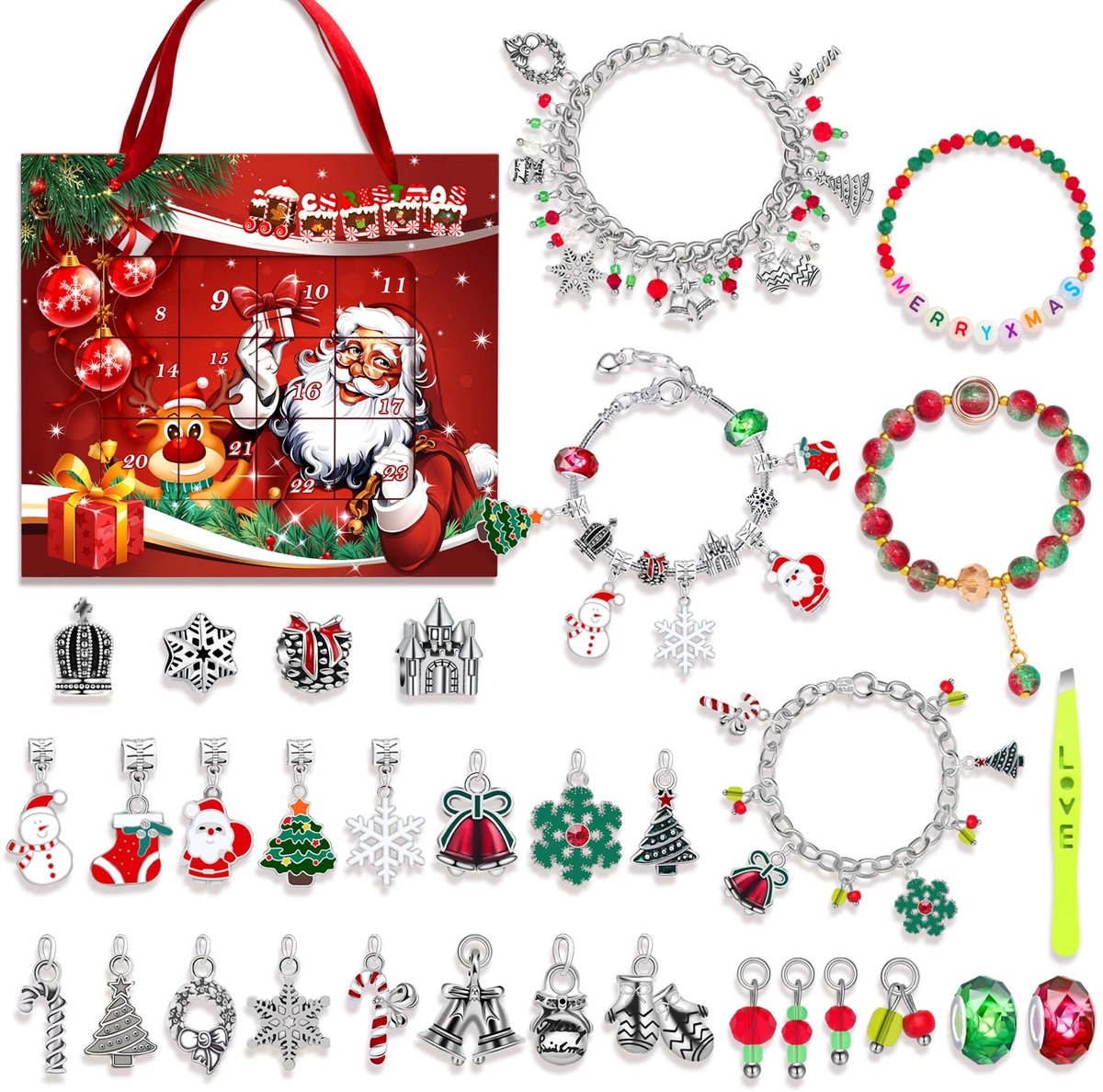Daity Adventskalender voor kinderen - adventskalender 2025 - Kerstmis - countdown - aftellen naar Kerstmis met doe-het-zelf sieradenset - adventskalender voor meisjes en jongens