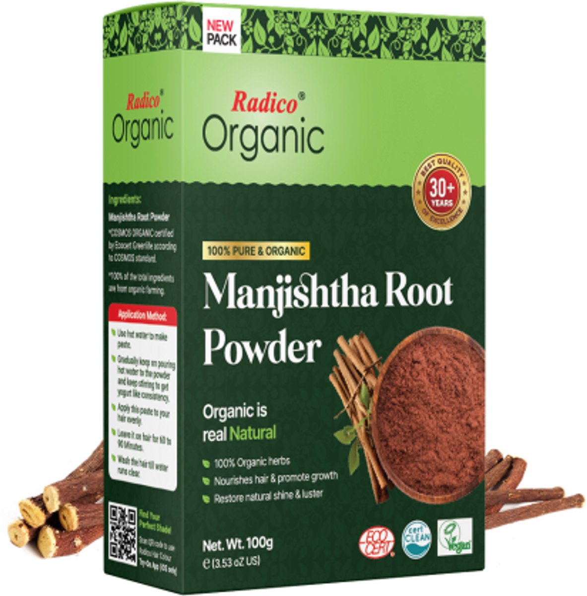 Radico ORGANIC MANJISTHA 100% Natuurlijke BIO Organic Vegan Haargroei, Anti-Haaruitval, Anti-Roos, Care, Volume, Kalmerende, Voedende VERSTERKENDE Poeder Haarmasker en Shampoo met ECOCERT 100g
