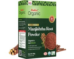Radico ORGANIC MANJISTHA 100% Natuurlijke BIO Organic Vegan Haargroei, Anti-Haaruitval, Anti-Roos, Care, Volume, Kalmerende, Voedende VERSTERKENDE Poeder Haarmasker en Shampoo met ECOCERT 100g