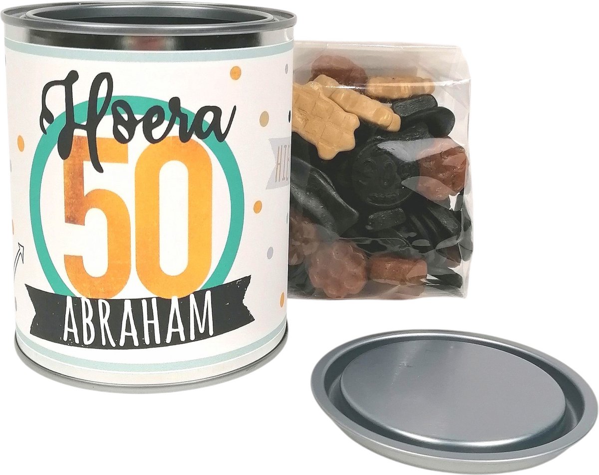 Cadeaublik "Hoera 50 Abraham" gemengde drop
