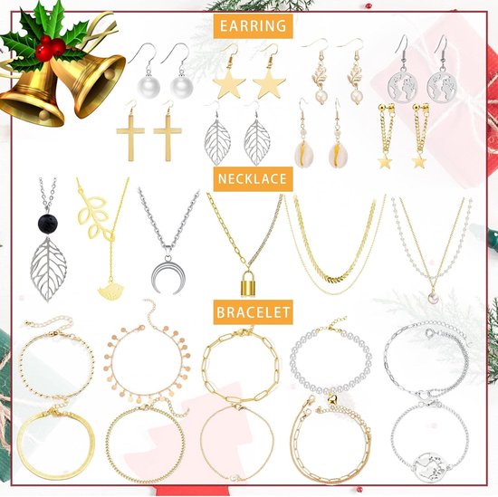 Adventskalender 2025, 24 dagen kerstkalender met armband, halsketting