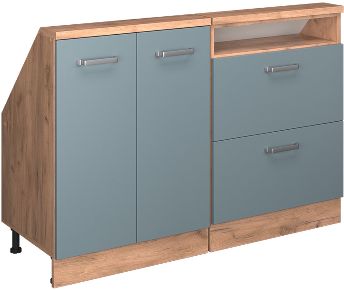 Vicco R-Line Keukenkast voor schuine wand – 120 cm Set van 2 Blauw-grijs/gouden eik Blauw-grijs/Goudkleurig Eiken
