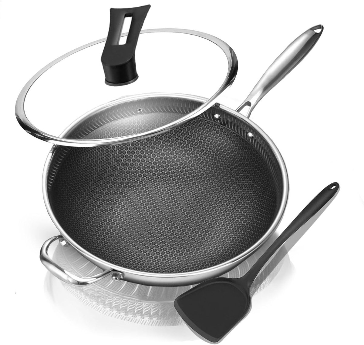 Hybride roestvrijstalen wokpan 32 cm met deksel en spatel