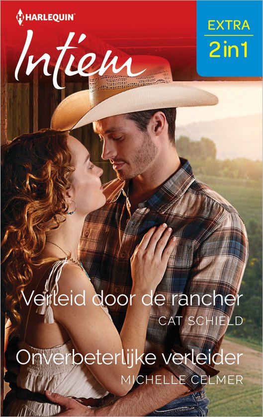 Een man en vrouw omhelzen elkaar in de schemering. Ze dragen een cowboyhoed en een geruite blouse. De tekst "Intiem EXTRA 2in1" staat op de cover.