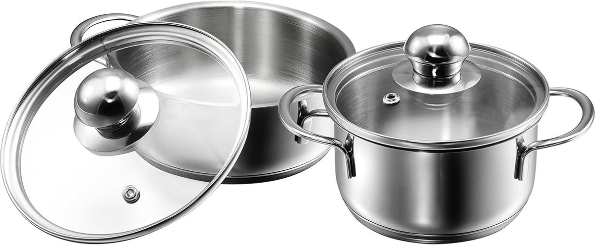 Mini Pannenset Roestvrij Staal 2-delig (12 + 14 cm) met Glazen Deksel voor Inductie