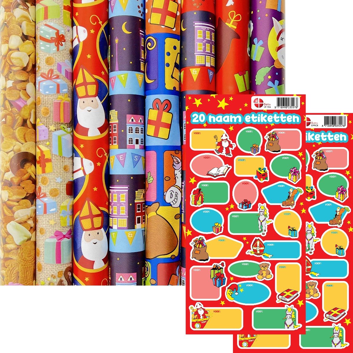 12 rollen Sinterklaas cadeaupapier / inpakpapier 70 x 300cm inclusief 40 naam labels