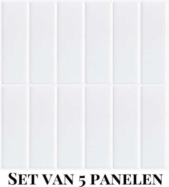 Tien witte, rechthoekige, zelfklevende tegels op een witte achtergrond. Tekst: SET VAN 5 PANELEN.