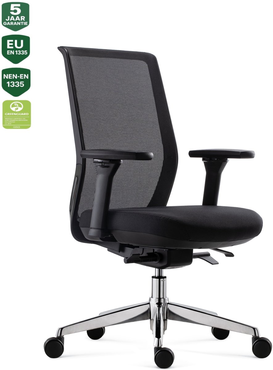 BENS 837CR-Synchro-4 - Ergonomische bureaustoel - Bureaustoel voor volwassenen - Kantoorstoel - Stoffen zitting en Mesh rugleuning - Gepolijst Aluminium Voetenkruis - Verstelbaar - GREENGUARD GOLD - NEN-EN1335 & ARBO normen