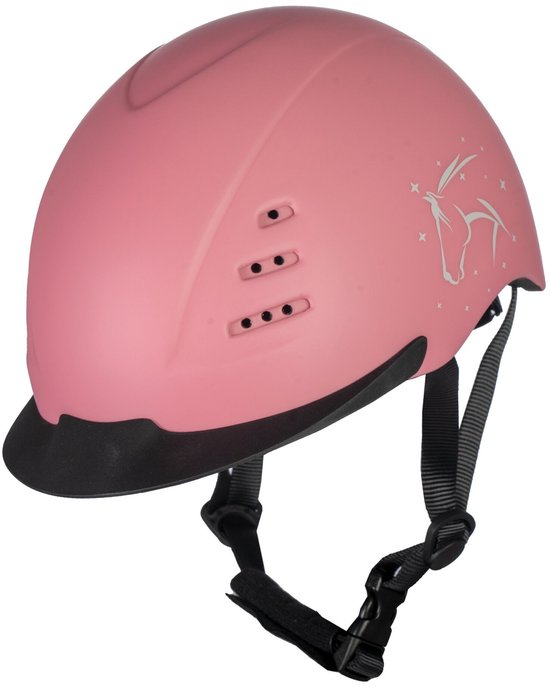 Roze rijhelm met een witte paardenafbeelding, ventilatiegaten en verstelbare bandjes.