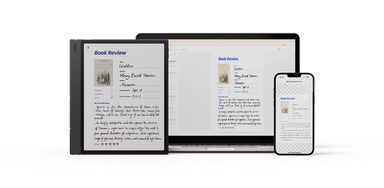 Een BOOX e-reader, laptop en iPhone tonen een boekenrecensie.