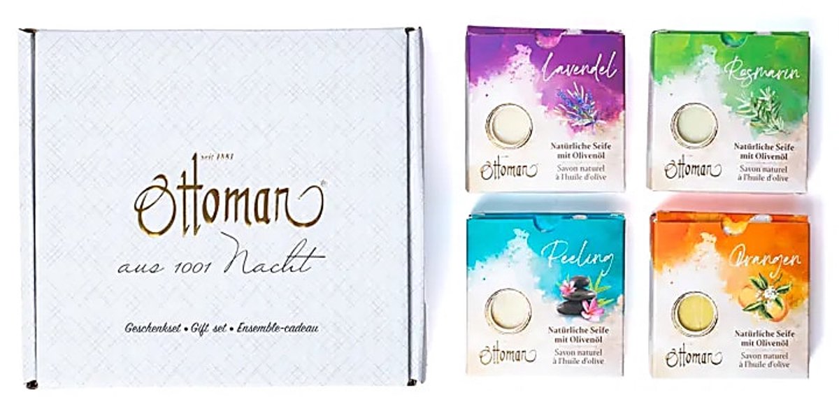 Ottoman - olijfzeep - cadeau box - 4 olijfoliezepen - geschenkset