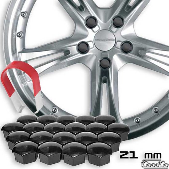 Bouchons d'écrou de roue TPI HQ NOIRS 21 mm, lot de 20 pièces avec 2 clips de démontage métalliques