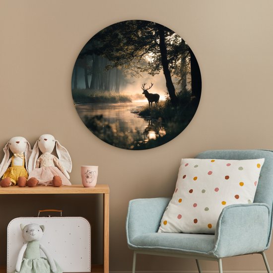 WallCircle® Cercle mural 60x60 cm - Cercle mural Cerf - Ruisseau forestier - Mystique - Décoration murale salon - Décoration murale chambre - Accessoires de décoration - Tableaux ronds