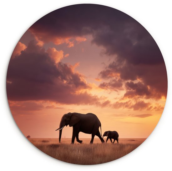 WallCircle® Cercle mural 60x60 cm - Éléphants - Prairie - Coucher de soleil - Décoration murale murale salon - Décoration murale chambre - Accessoires de décoration - Tableaux ronds
