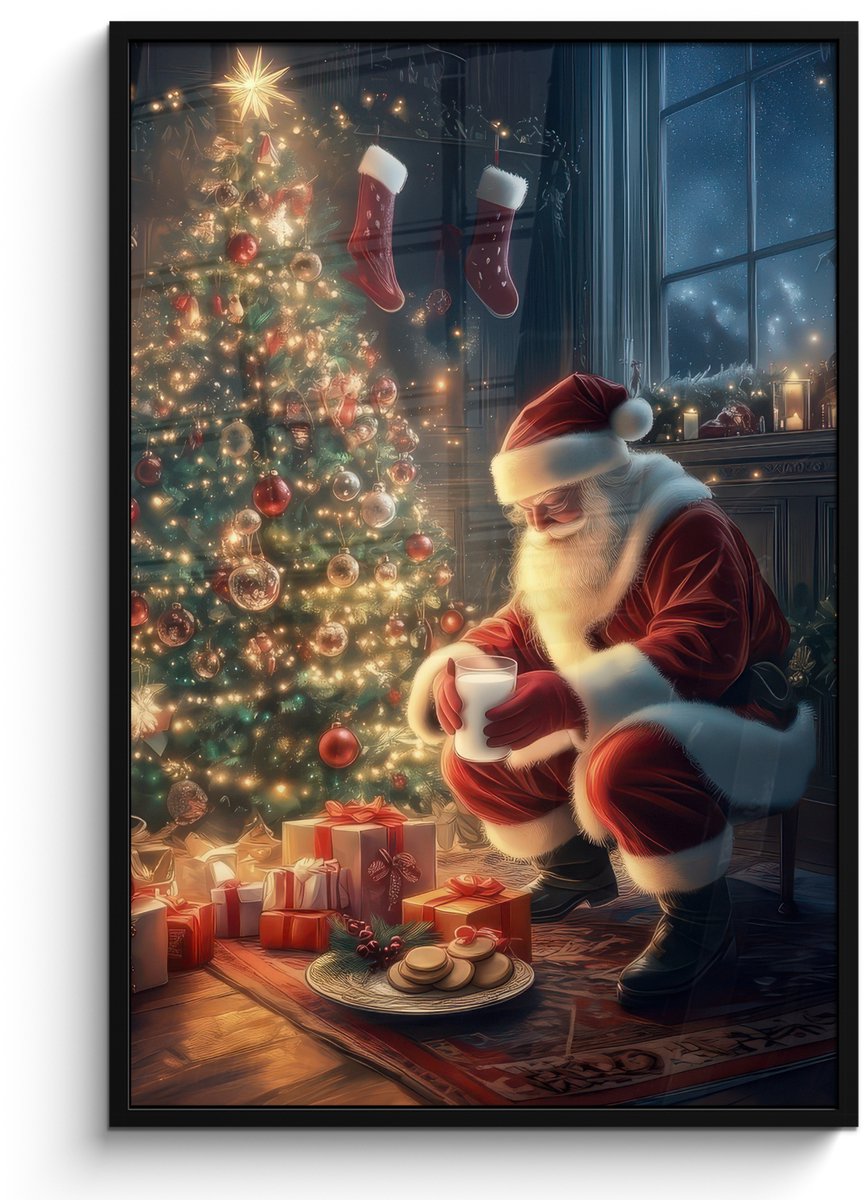 FrameYourWall Poster in lijst - Fotolijst 80x120 cm - Posters - Kerstman - Haard - Donker - Posterlijst zwart - Decoratie - Wanddecoratie woonkamer - Muurdecoratie slaapkamer - Kerstversiering - Kerstdecoratie voor binnen - Kerstmis