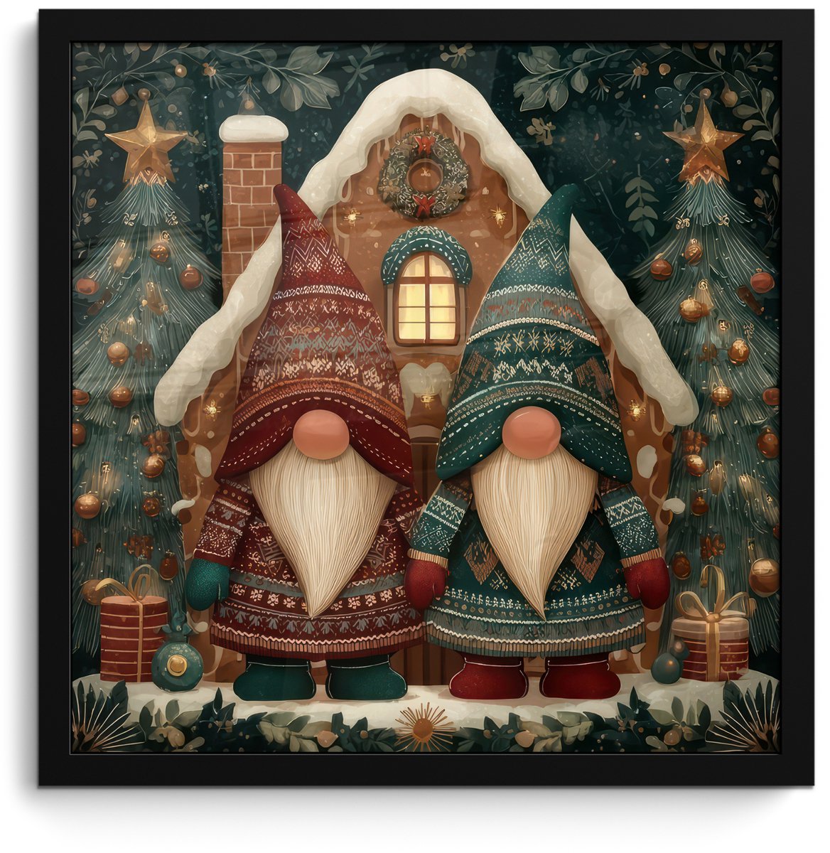 FrameYourWall Poster in lijst - Fotolijst 40x40 cm - Posters - Kerst - Gnomen - Peperkoekhuisje - Rood - Groen - Posterlijst zwart - Decoratie - Wanddecoratie woonkamer - Muurdecoratie slaapkamer - Kerstversiering - Kerstdecoratie voor binnen - Kerstmis Kerst - Gnomen - Huisje - Rood - Groen