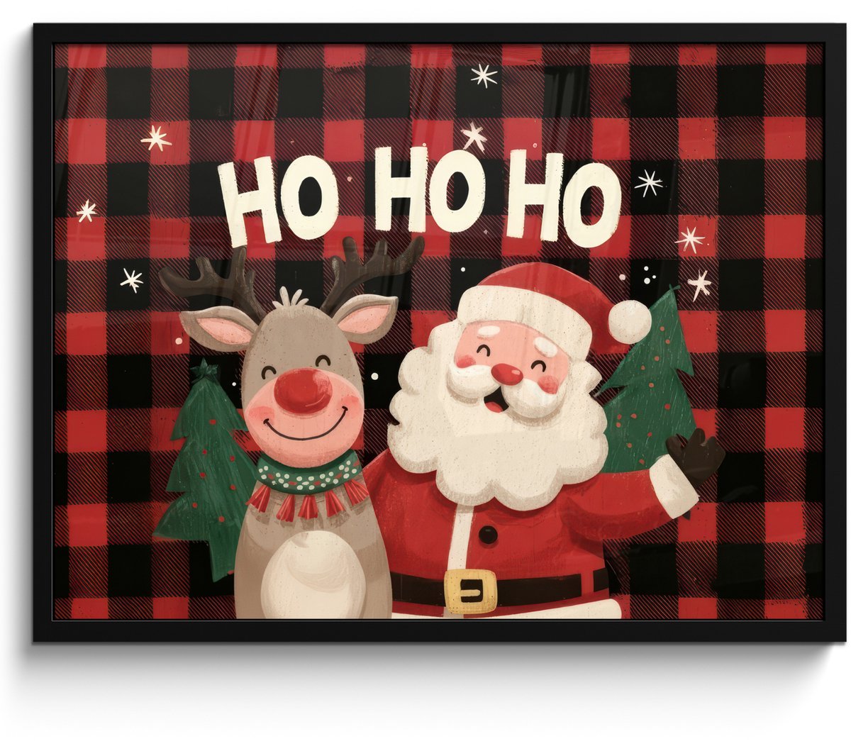 FrameYourWall Poster in lijst - Fotolijst 80x60 cm - Posters - Kerstman - Rendier - Tekst - Rood - Zwart - Posterlijst zwart - Decoratie - Wanddecoratie woonkamer - Muurdecoratie slaapkamer - Kerstversiering - Kerstdecoratie voor binnen - Kerstmis