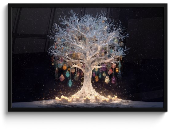 Poster in lijst - Fotolijst 90x60 cm - Posters - Sneeuwboom - Lichtjes - Wit - Kleurrijk - Posterlijst zwart - Decoratie - Wanddecoratie woonkamer - Muurdecoratie slaapkamer - Kerstversiering - Kerstdecoratie voor binnen - Kerstmis