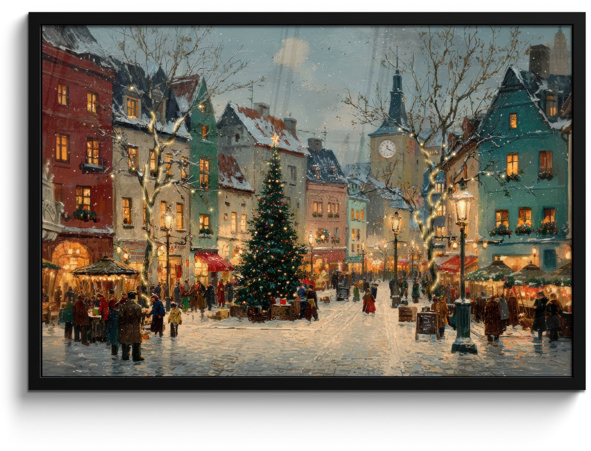 FrameYourWall Poster in lijst - Fotolijst 90x60 cm - Posters - Kerstsfeer - Stadsplein - Kleurrijk - Posterlijst zwart - Decoratie - Wanddecoratie woonkamer - Muurdecoratie slaapkamer - Kerstversiering - Kerstdecoratie voor binnen - Kerstmis