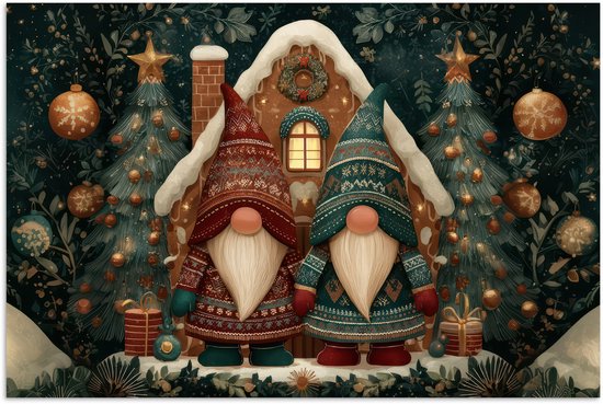 Poster 90x60 cm - Kerst - Gnomen - Peperkoekhuisje - Rood - Groen - Posters - Kamer decoratie - Wanddecoratie woonkamer - Muurdecoratie slaapkamer - Kerstversiering - Kerstdecoratie voor binnen - Kerstmis