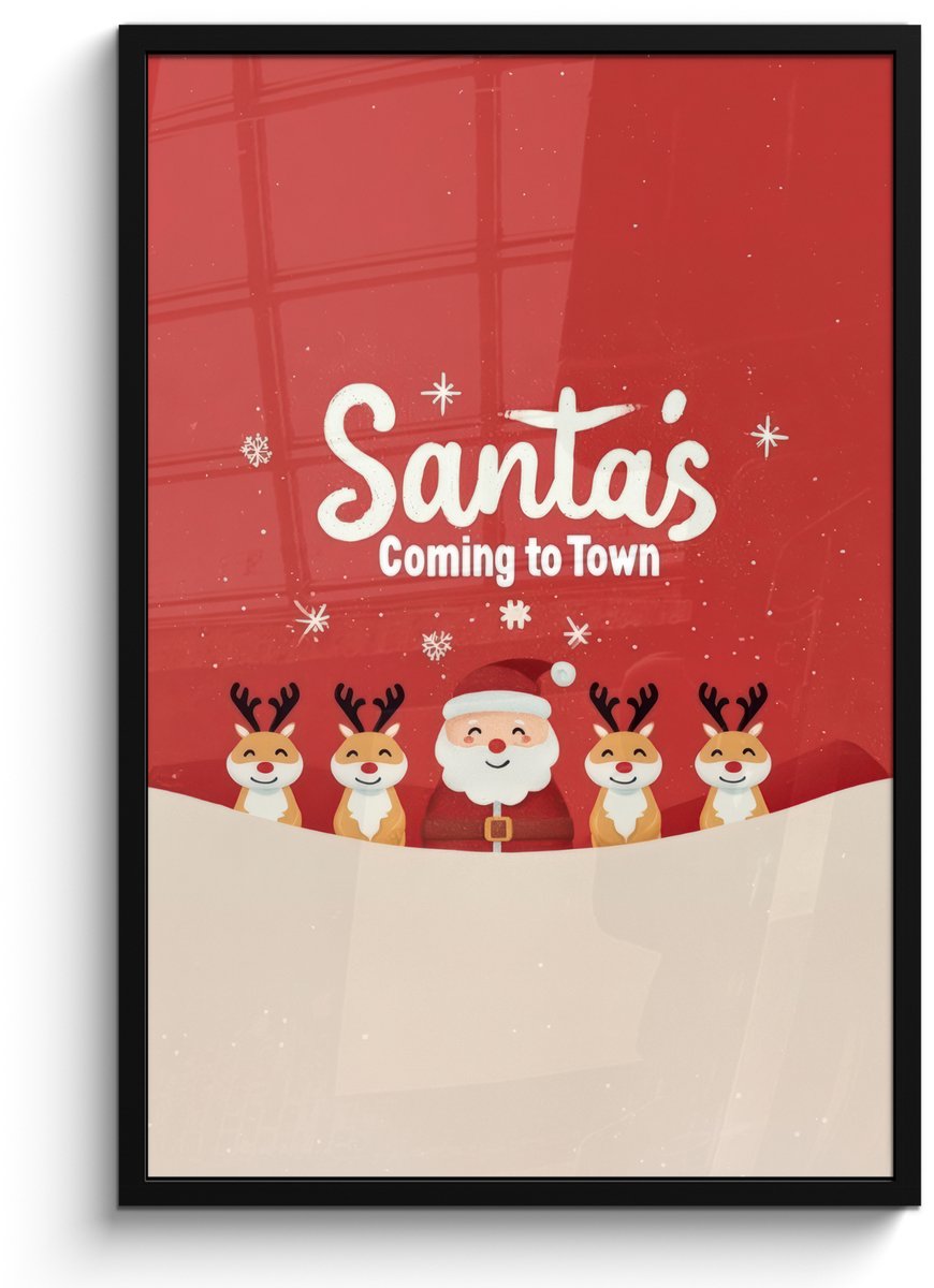 FrameYourWall Poster in lijst - Fotolijst 60x90 cm - Posters - Illustratie - Kerstman - Rendieren - Rood - Posterlijst zwart - Decoratie - Wanddecoratie woonkamer - Muurdecoratie slaapkamer - Kerstversiering - Kerstdecoratie voor binnen - Kerstmis