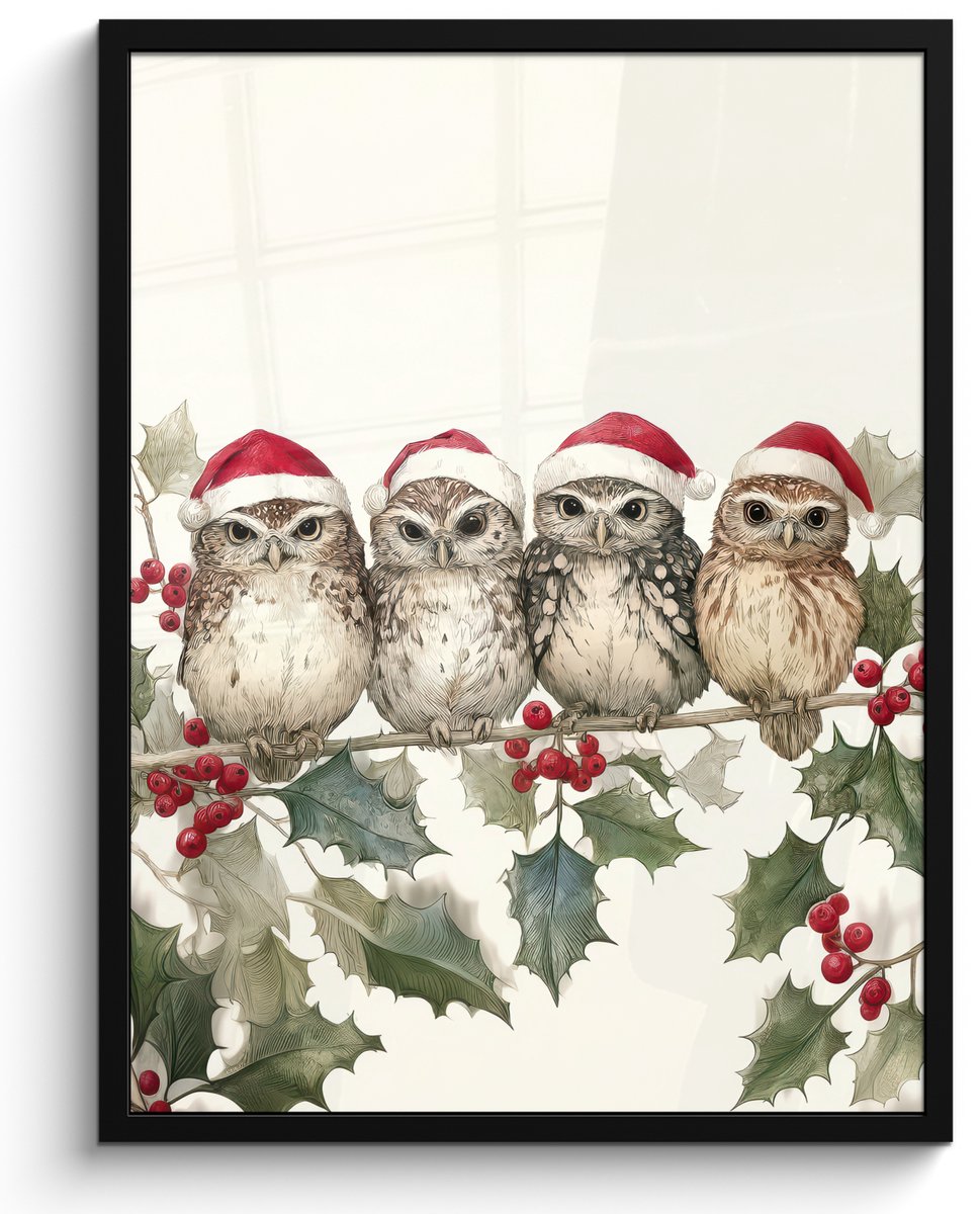 FrameYourWall Poster in lijst - Fotolijst 60x80 cm - Posters - Uilen - Tak - Hulstblaadjes - Kerstmuts - Posterlijst zwart - Decoratie - Wanddecoratie woonkamer - Muurdecoratie slaapkamer - Kerstversiering - Kerstdecoratie voor binnen - Kerstmis