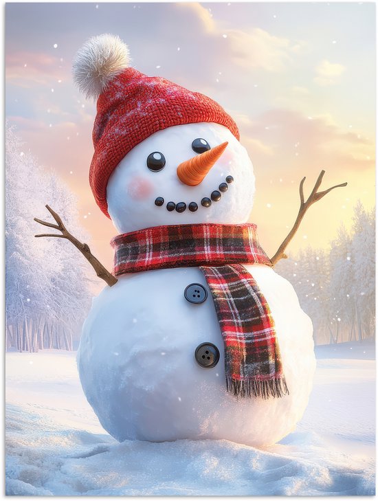 Poster 60x80 cm - Sneeuwpop - Zonsondergang - Wit - Posters - Kamer decoratie - Wanddecoratie woonkamer - Muurdecoratie slaapkamer