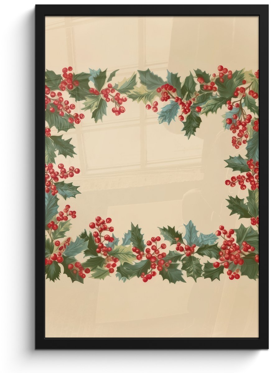 FrameYourWall Poster in lijst - Fotolijst 40x60 cm - Posters - Hulstrand - Bessen - Beige - Posterlijst zwart - Decoratie - Wanddecoratie woonkamer - Muurdecoratie slaapkamer - Kerstversiering - Kerstdecoratie voor binnen - Kerstmis