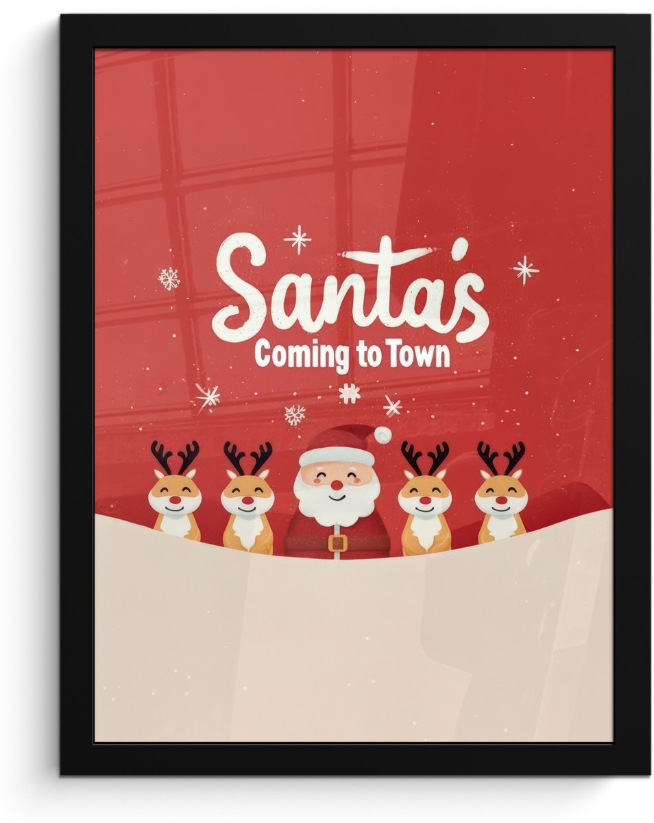 FrameYourWall Poster in lijst - Fotolijst 30x40 cm - Posters - Illustratie - Kerstman - Rendieren - Rood - Posterlijst zwart - Decoratie - Wanddecoratie woonkamer - Muurdecoratie slaapkamer - Kerstversiering - Kerstdecoratie voor binnen - Kerstmis