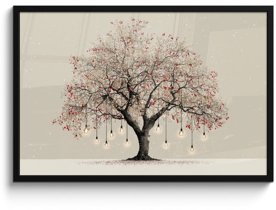 Poster in lijst - Fotolijst 90x60 cm - Posters - Lichtboom - Winter - Kerst - Meerkleurig - Posterlijst zwart - Decoratie - Wanddecoratie woonkamer - Muurdecoratie slaapkamer - Kerstversiering - Kerstdecoratie voor binnen - Kerstmis